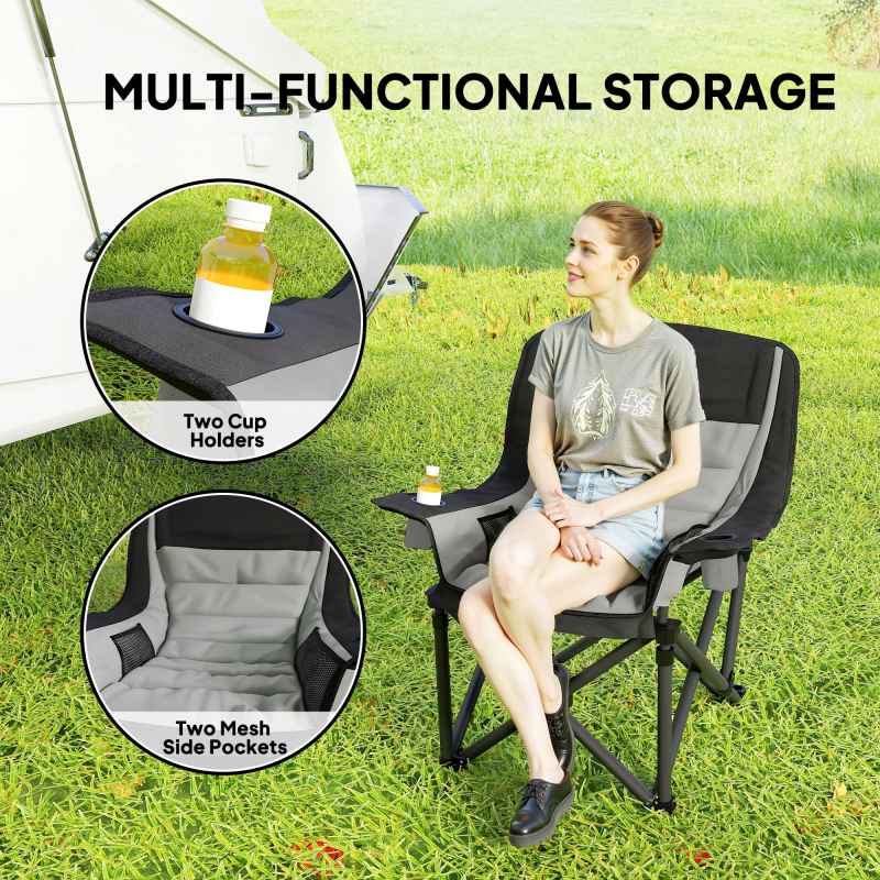 Outsunny Folding Camping Chair for Adults, Portable Padded Folding Chair with Cup Holders, Side Pockets and Carry bag for Picnic, Hiking, Fishing, Grey