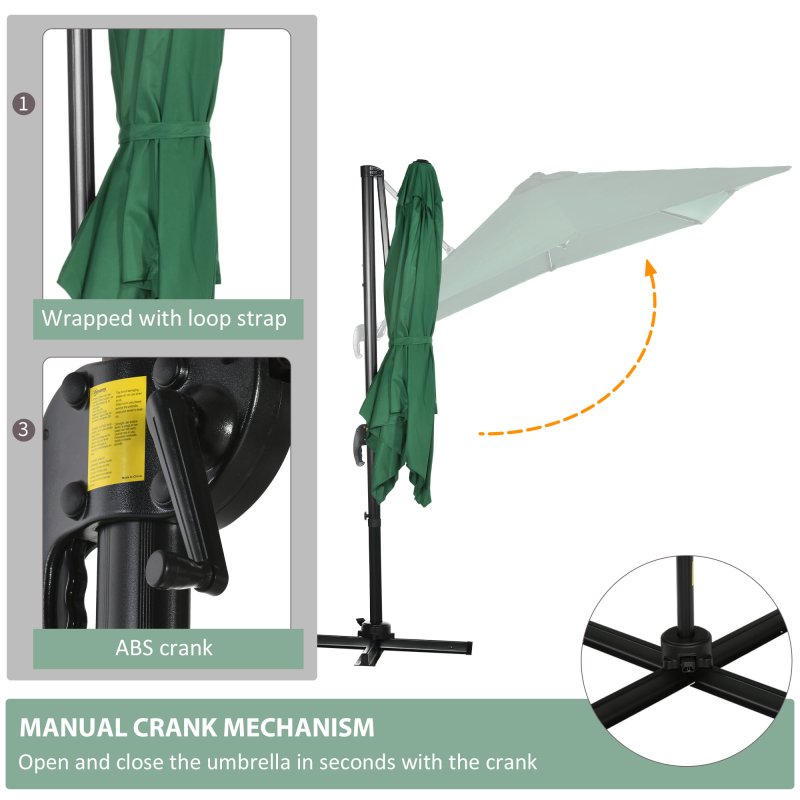 Outsunny 2.5 x 2.5m Patio Offset Parasol Umbrella Cantilever Hanging Aluminium Sun Shade Canopy Shelter 360 Rotation with Crank Handle and Cross Base, Green