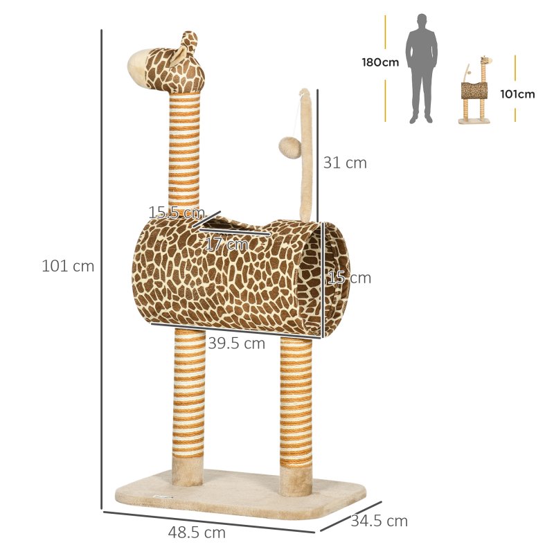 PawHut Cat Tree for Indoor Cats Cute Giraffe Kitten Play Tower w/ Scratching Posts, Tunnel, Toy Ball, 48.5 x 34.5 x 101cm - Beige