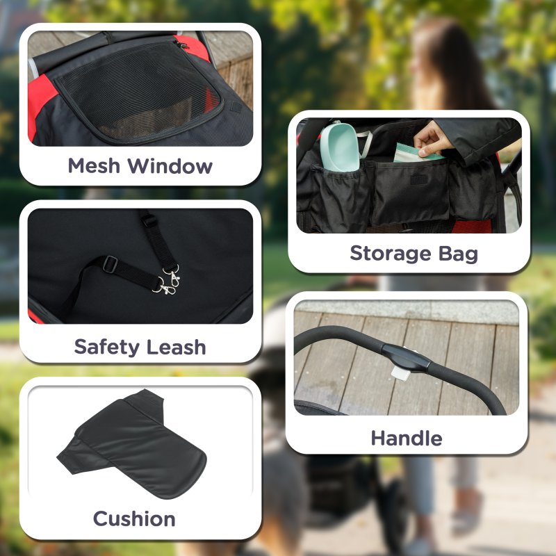 PawHut Dog Stroller, Easy Folding Pet Stroller for Large Dogs, Puppy Pram Pet Pushchair with 4 Big Wheels, Shock-Absorbing Frame, Safety Leashes, Brakes, Red/Black