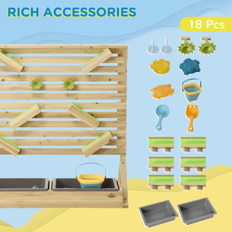 Outsunny water wall for kids outdoor Water and Sand play table with 18 Accessories, Wooden Outdoor Toys for Ages 3-7 Years