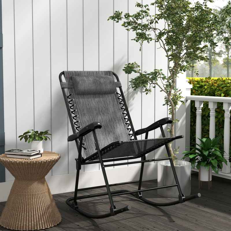 Outsunny Garden Rocking Chair Folding Outdoor Adjustable Rocker Zero-Gravity Seat with Headrest Camping Fishing Patio Deck, 95 x 64 x 106 cm - Grey