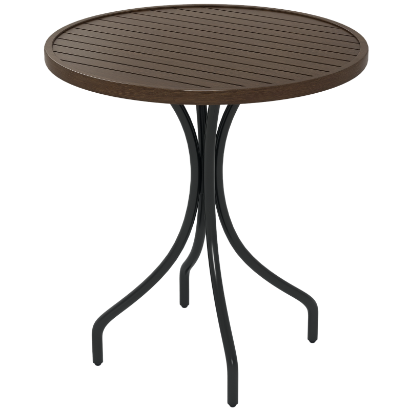 Outsunny 66cm Garden Side Table, Round Bistro Coffee Table, Outdoor Patio Table with Steel Frame and Slat Tabletop for Balcony and Porch, Brown Wood Grain