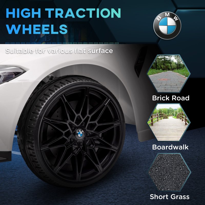 AIYAPLAY BMW M4 Licensed Electric Car for Kids, 12V Kids Electric Ride on with Remote Control, Suspension, Music, Horn, LED Lights, for Ages 3-5 Years, White
