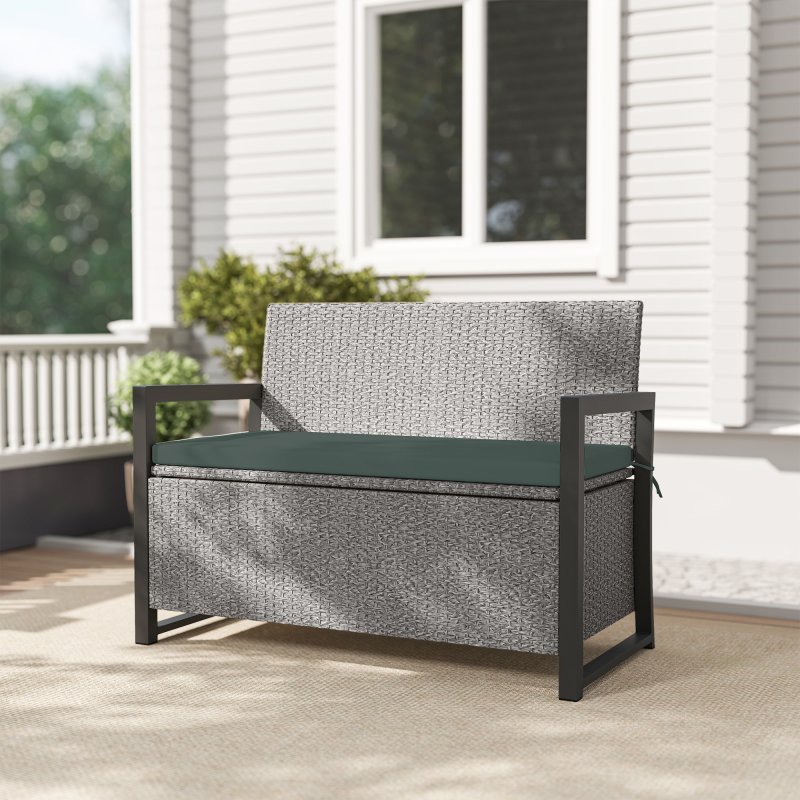 Outsunny Garden Storage Bench with 151.5L Capacity, Inner Bag, 2 Seater PE Rattan Outdoor Garden Bench with Storage, Cushion, Wicker Outdoor Bench Loveseat for Patio, Grey
