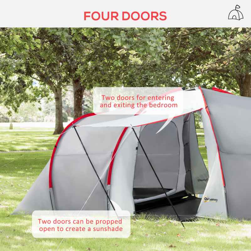 Outsunny 4-6 Man Tunnel Tent with 2 Bedroom, Living Area and Vestibule, Large Camping Tent, 2000mm Waterproof, UV50+, Portable with Bag, for Fishing Hiking Festival, Grey and Red