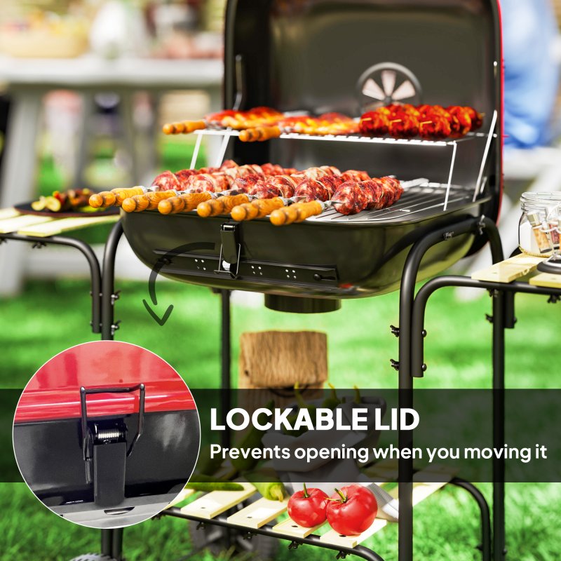 Outsunny Charcoal Barbecue Grill Portable BBQ Grill with 1840 cm? Cooking Area, 3 Shelves, Adjustable Vent, Lockable Lid, Wheels for Outdoor Cooking, Garden Party, Red