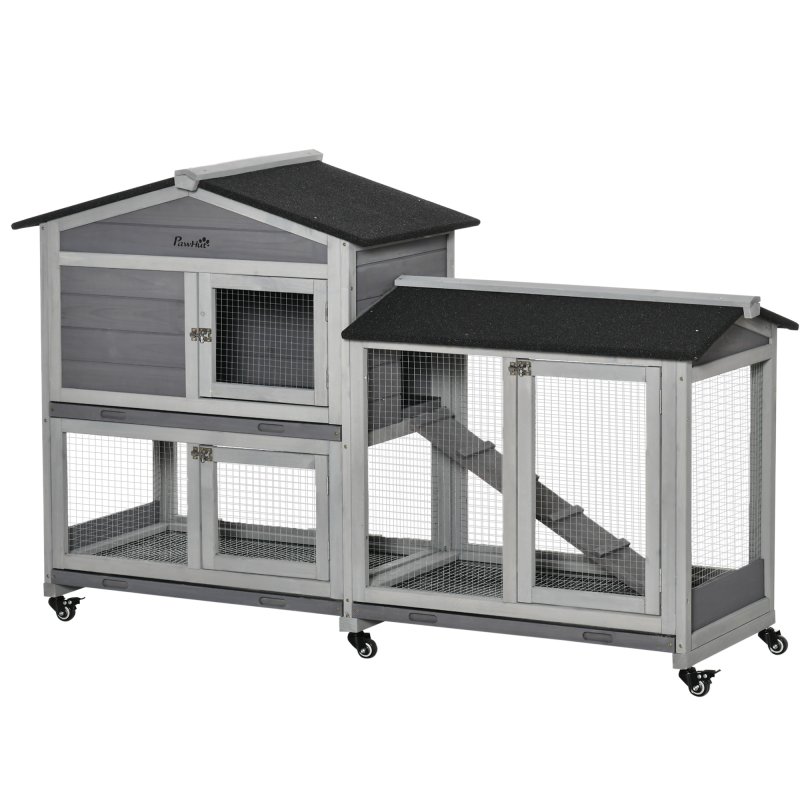 PawHut Rabbit Hutch Outdoor with Run Guinea Pig Hutch 2-Tier Bunny Cage w/ Wheels No-Leak Plastic Tray 157.4 x 53 x 99.5 cm - Grey