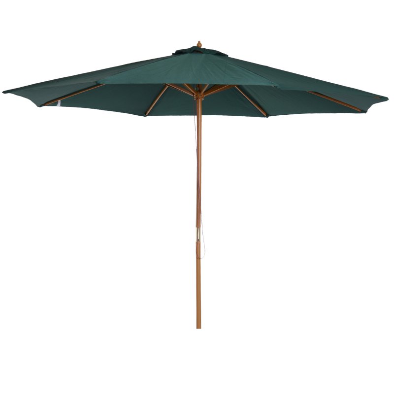 Outsunny 3(m) Garden Parasol, Pulley Operated Patio Umbrella, Wooden Parasol, Table Market Umbrella with Rope Pulley Mechanism and 8 Ribs, Dark Green
