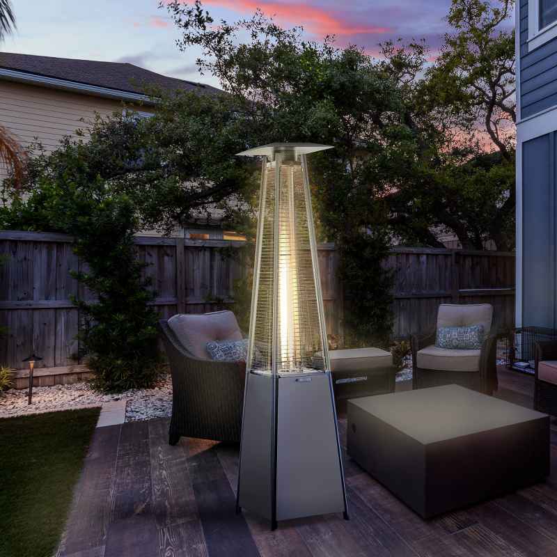 Outsunny 10.5KW Propane Patio Heater Freestanding Pyramid Gas Outdoor Tower Heater Warmer with Wheels, Rain Cover, Regulator and Hose - Silver