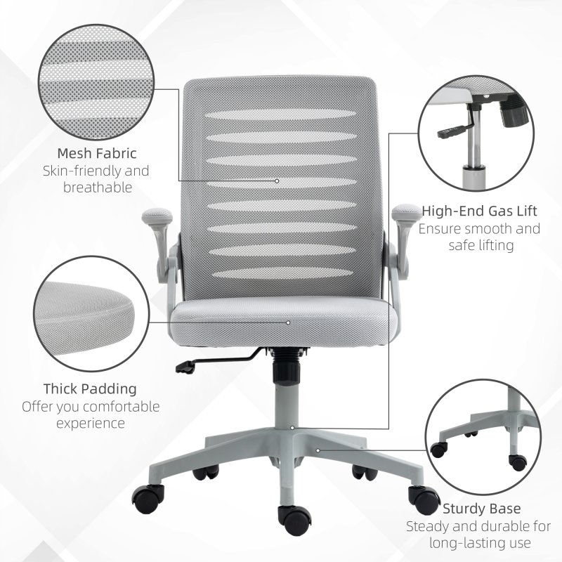 Vinsetto Mesh Office Chair, Swivel Task Desk Chair with Lumbar Back Support, Flip-Up Arm, Adjustable Height for Home Office, Grey