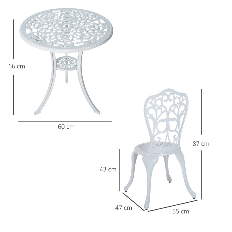 Outsunny 3 Pieces Antique Garden Bistro Set for 2, Cast Aluminium Garden Furniture Set with Umbrella Hole for Balcony, Porch, Patio, White