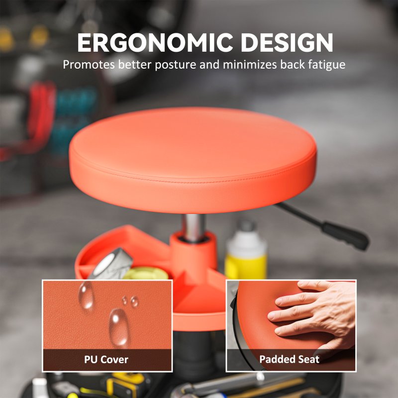 HOMCOM Rolling Mechanic Stool, 135kg Capacity Workshop Stool, 360?? Swivel Roller Padded Creeper Seat with Wheels, Tool Trays Storage for Garage, Shop, Auto Repair, Yellow