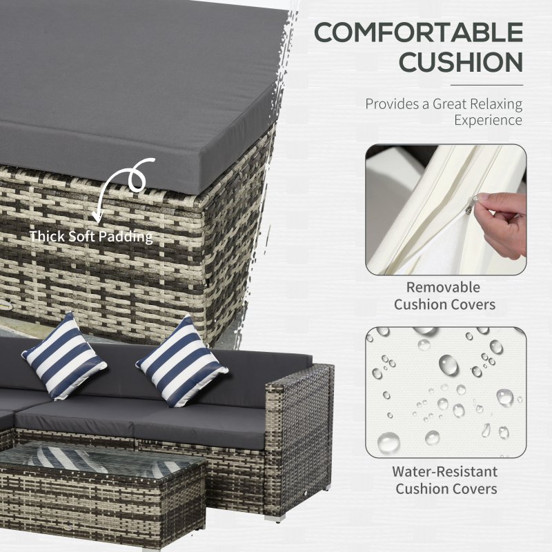 Outsunny 5 Piece Rattan Garden Furniture Set, Outdoor Corner Sofa with 67 cm Wide & Deep Seat, Sectional Outdoor Furniture Conversation Set with Cushions, Glass Top Coffee Table for Patio, Mixed Grey