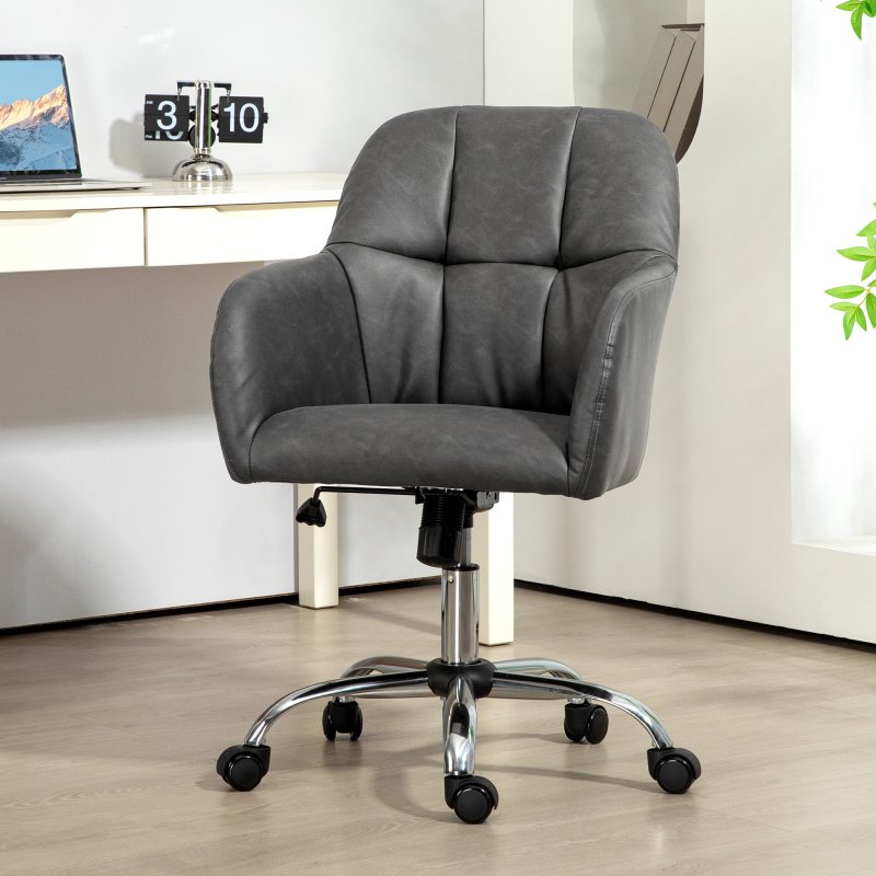 HOMCOM Computer Desk Chair, PU Leather Swivel Office Chair, Makeup Vanity Chair with Height Adjustable, Wheels, for Home Study Bedroom, Grey