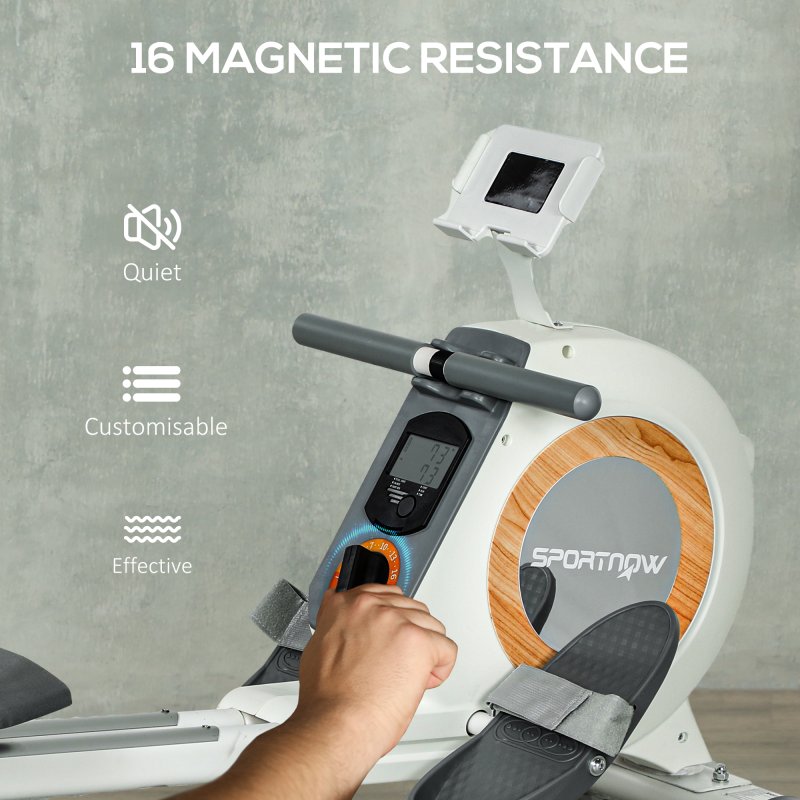 SPORTNOW Rowing Machine, 16-Level Magnetic Rower Machine with LCD Monitor and Phone Holder, Vertical Storage, for Home Gym Cardio Training, White