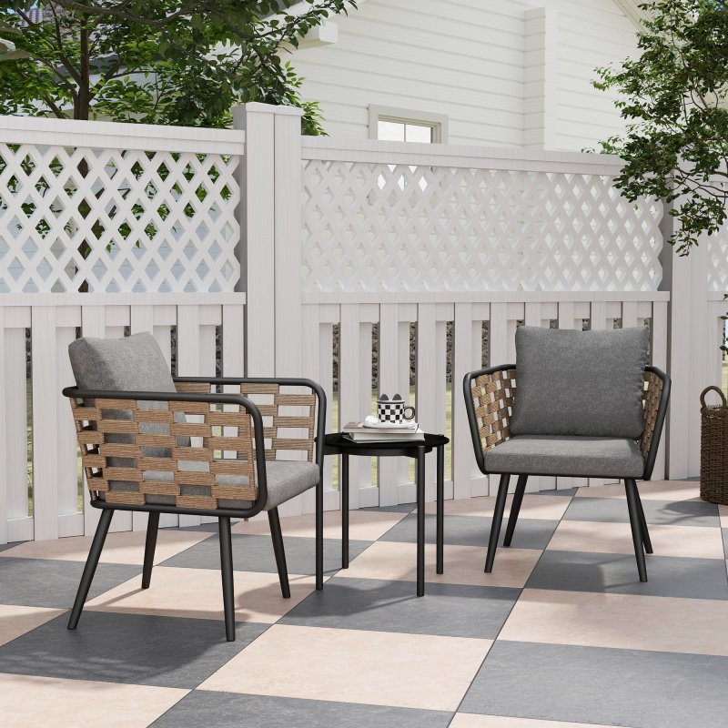 Outsunny 3 Pieces Rattan Bistro Set, Wicker Garden Furniture Set with Washable Seat and Back Cushions, Glass Top Coffee Table, for Outdoor, Patio, Black