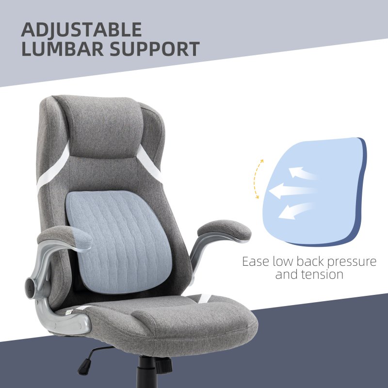 Vinsetto High Back Executive Office Chair, Fabric Office Desk Chair with Flip-up Armrests, Adjustable Lumbar Support and Tilt Function, Grey