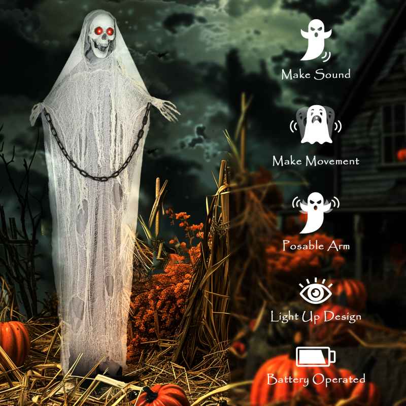 Outsunny 183 cm Life Size Halloween Animated Skeleton Grim Reaper with Glowing LED Eyes, Scary Halloween Decorations, Battery Operated, Indoor Party Props