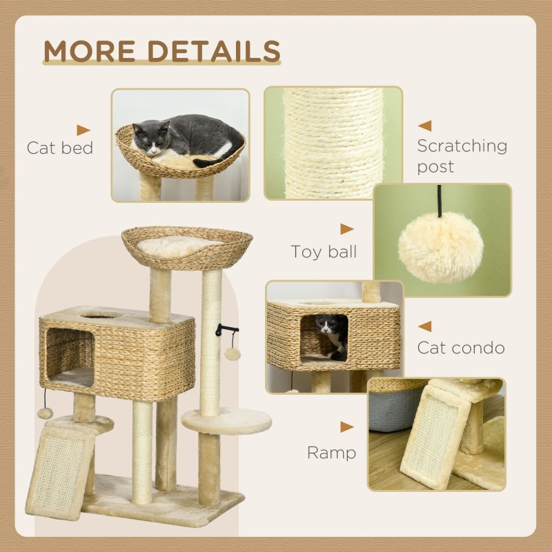 PawHut 95cm Cat Tree for Indoor Cats, Cat Tower with Scratching Posts, Ramp, Condo, Toy Balls, Platform, Bed, Ramp - Beige