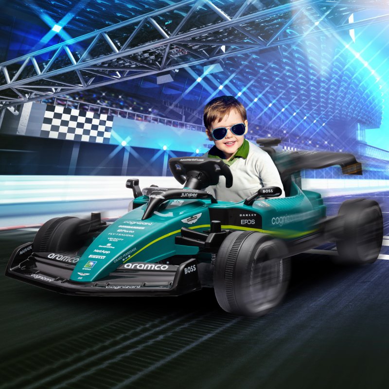 AIYAPLAY Aston Martin Licensed 12V Electric Go Kart, Kids Racing Kart with Bluetooth, 4 Suspension Wheels, Remote Control, Music Lights Horn, for 3-6 Years, Green