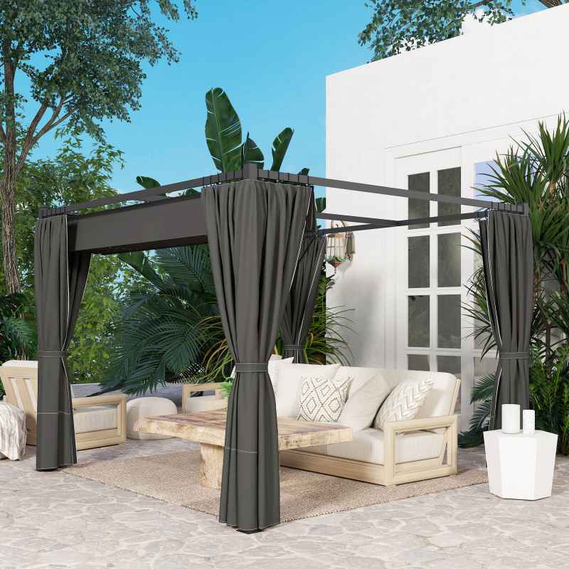 Outsunny 3 x 3(m) Pergola with Retractable Roof Canopy and Curtains, Metal Frame Garden Gazebo Outdoor Sun Shade Shelter for Grill, Patio, Deck, Charcoal Grey