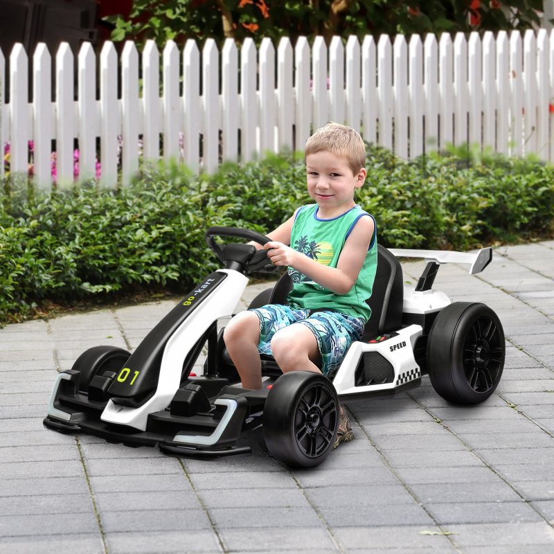 HOMCOM 24V Electric Go Kart for Kids, Ride On Racing Kart with Adjustable Seat, Battery Powered Drifting Ride On Car with Music, Light, Slow Start, Button Start, Horn, for 6-12 Years, White