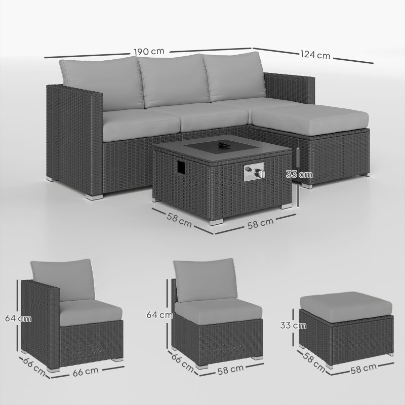 Outsunny 5 Piece Rattan Garden Furniture Set with Gas Fire Pit Table, 4 Seater Outdoor Sectional Sofa Set with Footstool and Removable Cushions, Modular Combination, Grey