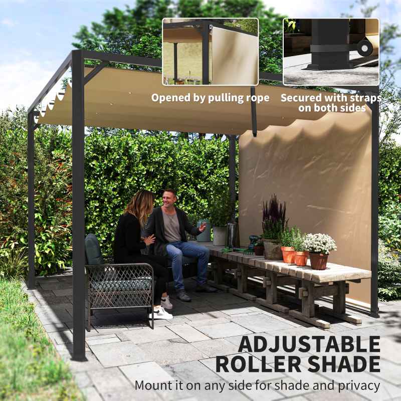 Outsunny 3 x 3(m) Garden Pergola with Retractable Roof Canopy, Aluminium Pergola Kit Gazebo with Roller Shade, UPF30+ Sun Shade Shelter for Porch, Khaki