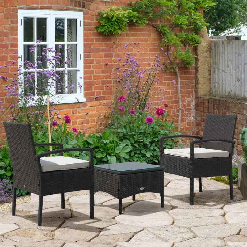Outsunny 3 Pieces Rattan Bistro Set, Wicker Garden Furniture Set with Glass Top Coffee Table and Chairs, Washable Cushions for Outdoor, Patio, Balcony, Brown