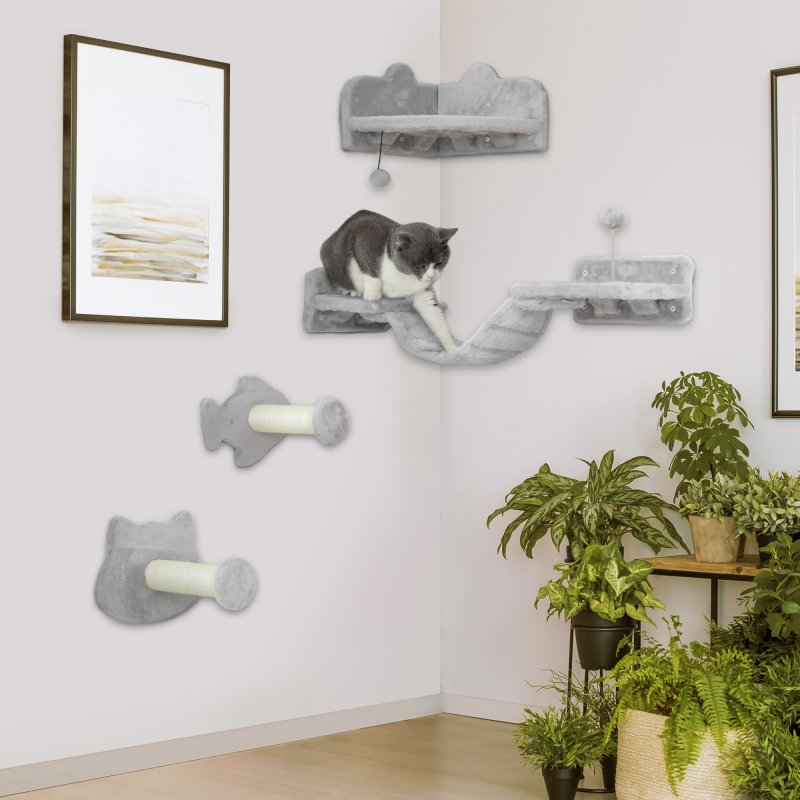 PawHut Cat Wall Shelves, 4 Piece Wall-Mounted Cat Tree with Steps, Ladder, Jumping Platforms, Scratching Posts, Toy Ball, Cat Wall Furniture for Indoor Cats, Light Grey