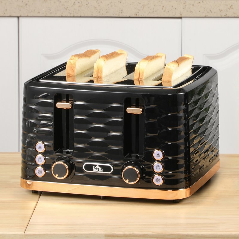 HOMCOM 4 Slice Toaster with 7 Browning Levels, High Lift, Reheat/Defrost/Cancel, Self-centring Function, Removable Crumb Tray, Auto Off, 1600W, Black Water Ripple Texture