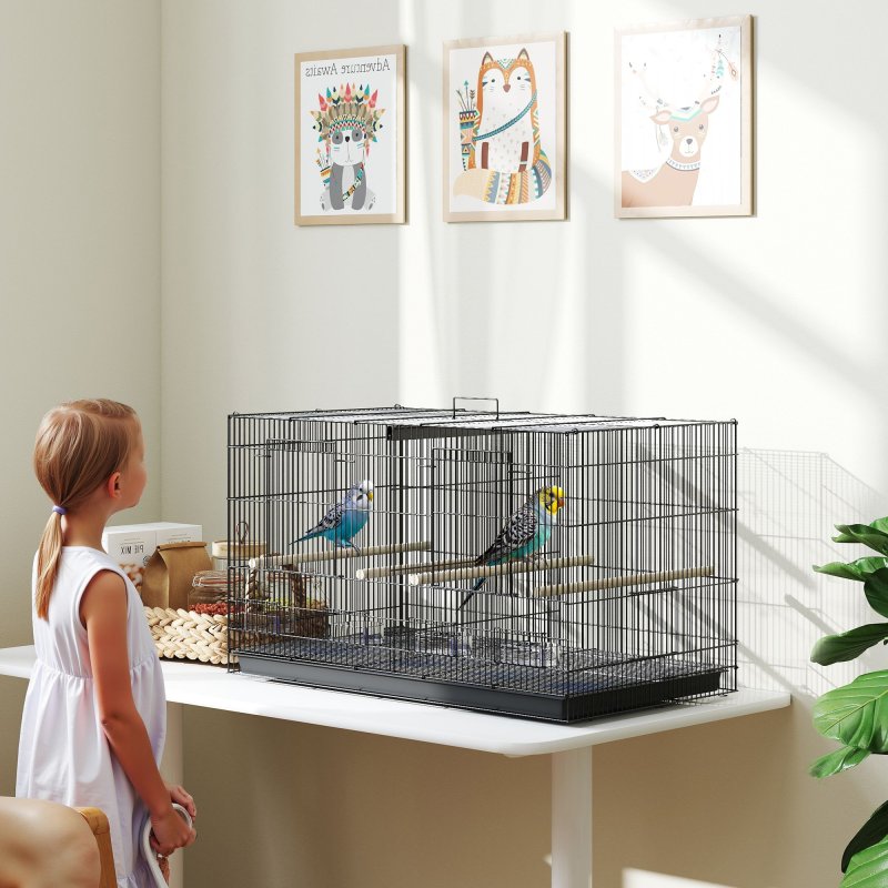 PawHut Bird Cage with Divider, Parrot Cage with 4 Wooden Perches, Slide Out Tray, 4 Feeders, for Budgie, Lovebird, Canary, Finches, 76 x 46 x 46cm, Black