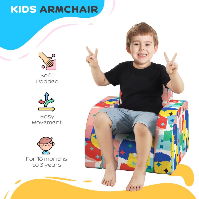 AIYAPLAY Kids Armchair, 2 in 1 Foldable Toddler Chair, Soft Snuggle Sponge Filled Recliner, for Bedroom Playroom Living Room, for Boys & Girls 18 Months to 3 Years - Multicoloured