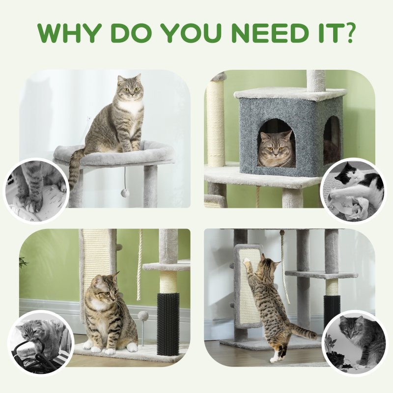 PawHut Cat Tree for Indoor Cats, 132cm Cat Tower with Scratching Posts and Pad, Cat Bed, Cat House, Jumping Platform, Grooming Brush, Toy Balls, Anti-Tip Kit, Cat Climbing Frame, Light Grey