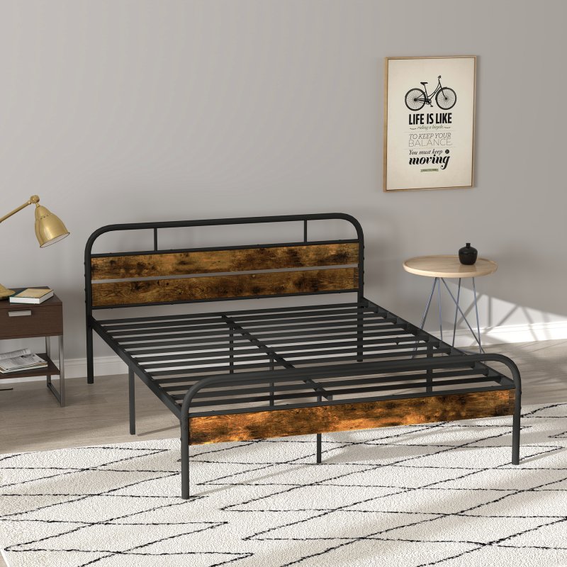 HOMCOM 5ft King Size Bed Frame with Headboard, Platform Bed Frame with Underbed Storage, Slat Support, No Box Spring Needed, Easy Assembly, Rustic Brown