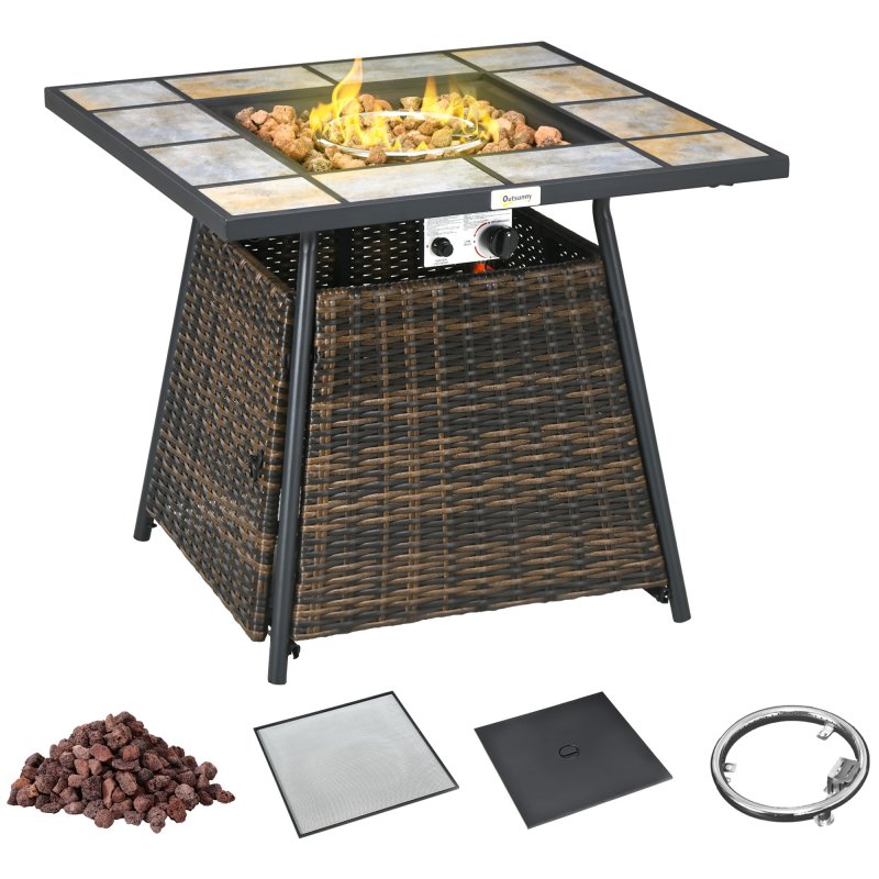 Outsunny Outdoor PE Rattan Gas Fire Pit Table, Square Gas Burner Patio Heater with Fire Control Panel, Slate Desktop, Lid and Lava Rocks, 50,000 BTU, Brown