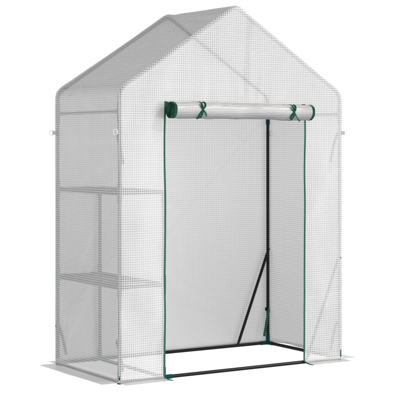 Outsunny Walk In Greenhouse with 2 Tier Shelf, Portable Gardening Plant Grow House Tomato Greenhouse with Roll up Zip Panel Door, Reinforced PE Cover, 143 x 73 x 195cm, Green