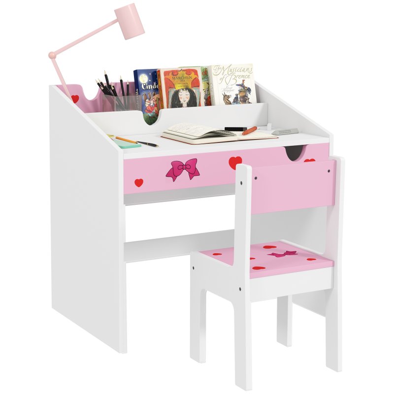 AIYAPLAY Kids Desk and Chair Set, Children Study Table and Chair with Storage, Pull-Out Drawer, Bow Pattern, for Bedroom, Playroom, Nursery, for Ages 3-6 Years, Pink