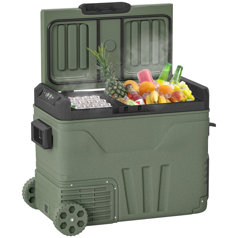 Outsunny 45L Car Fridge Freezer Dual Zone, Portable Camping Fridge 12V/24V DC & 100-240V AC, Electric Cool Box -20°C-20°C with Wheels and LED Light, for Travel, RV, Road Trip, Picnic