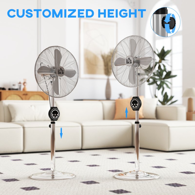 HOMCOM 16" Metal Pedestal Fan, Electric Standing Floor Fan, Oscillating, Adjustable Height, 3 Speed, 7.5H Timer, Remote Control, Sleep Mode, for Home Office Bedroom, Silver Tone