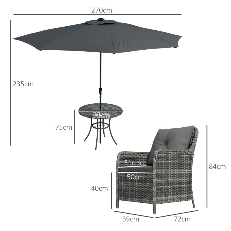 Outsunny 4 Seater Rattan Dining Set with Parasol, Luxury Rattan Garden Furniture Set with Seat and Back Cushions, Outdoor Table and Chairs, Round Glass Top Table