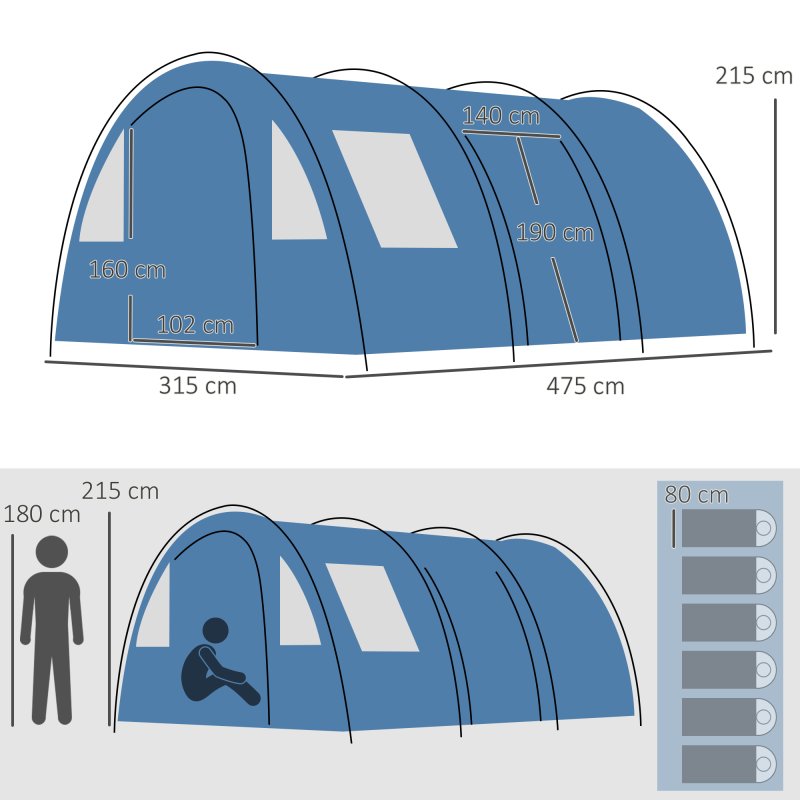 Outsunny 5-6 Man Tunnel Tent, Two Room Camping Tent with Floor, 2 Doors and Carry Bag, 2000mm Water Column for Fishing, Hiking, Sports, Festival, Blue