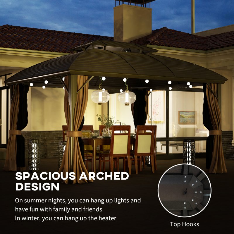 Outsunny 3.65 x 3(m) Hardtop Steel Gazebo Canopy for Patio Heavy Duty Outdoor Pavilion with Aluminium Alloy Frame, Double Roof, Net Sidewalls and Curtains, Coffee