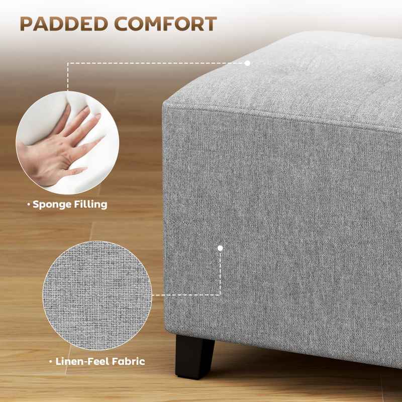 HOMCOM Square Footstool, Small Ottoman with Side Pocket, Linen Fabric Footrest Foot Stool with Rubber Wood Legs and Padded Seat for Living Room, Bedroom, Entryway, 35 x 35 x 35cm, Light Grey
