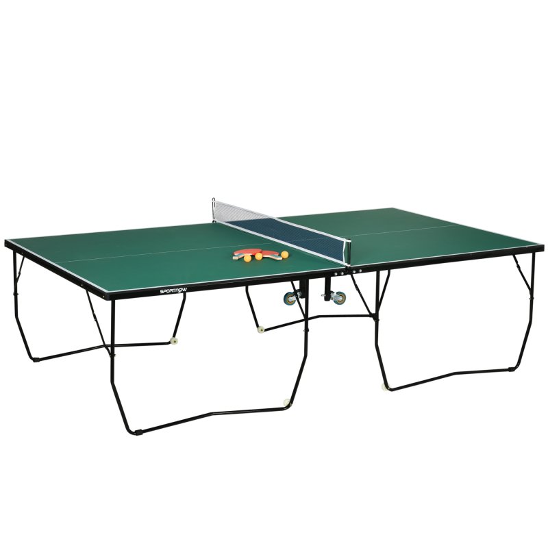 SPORTNOW 9FT Folding Table Tennis Table, Portable Full-Size Ping Pong Table w/ 8 Wheels, 2 Bats, 3 Balls, Quick Set-Up Indoor Game Table - Green