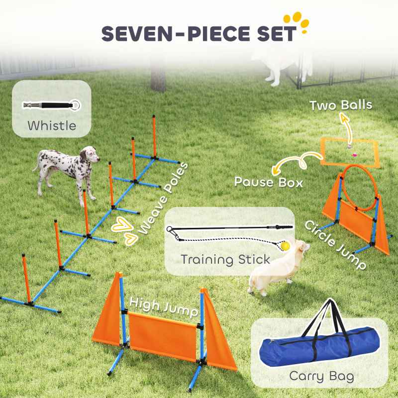 PawHut Dog Agility Equipment, 7-Piece Pet Agility Training Set with Weave Poles, Jump Ring, Hurdle, Pause Box, Bag, Obstacle Training Course Kit, Orange