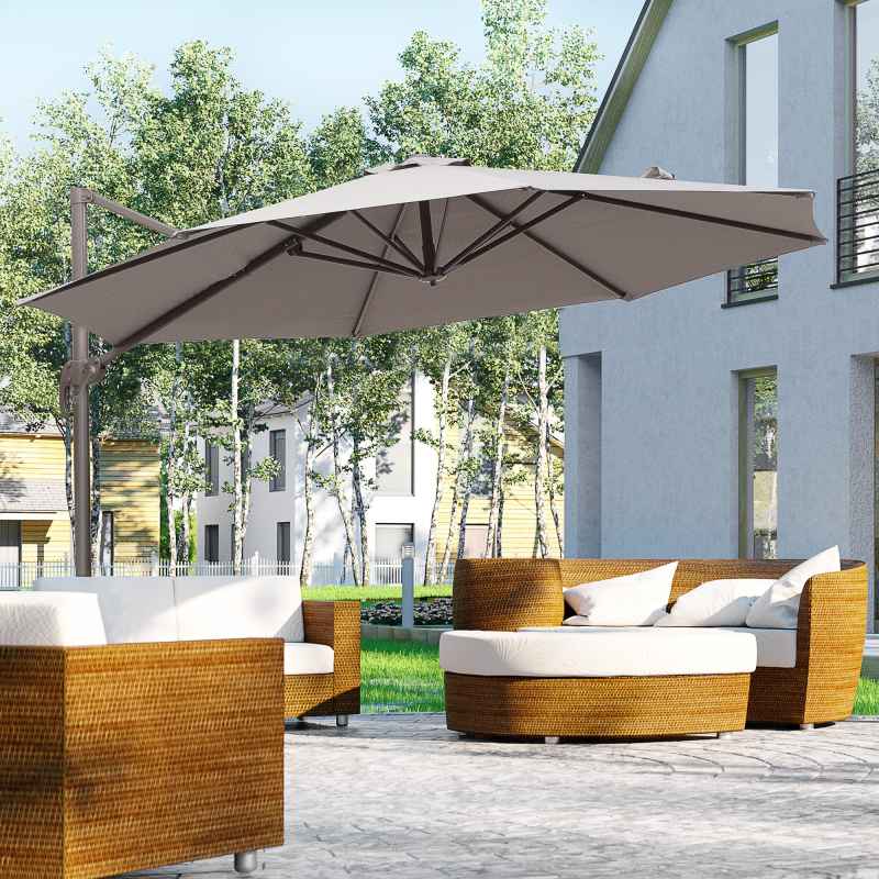 Outsunny 3M Cantilever Parasol, Hanging Garden Umbrella Sun Shade with 360 Rotation, Aluminium Frame, Cross Base, Hand Crank, Grey