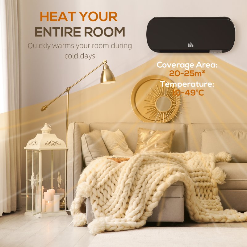 HOMCOM Electric Heater, 2000W Wall Mounted Ceramic Space Heater with Remote Control, 3 Modes, Timer, Overheat Protection for Home, Black