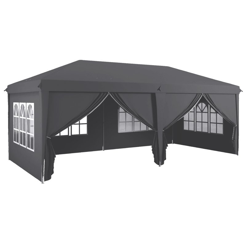 Outsunny 3 x 6 m Pop Up Gazebo with Sides and Windows, Height Adjustable Wedding Camping Party Tent Canopy Marquee with Storage Bag for Garden, Event, Grey